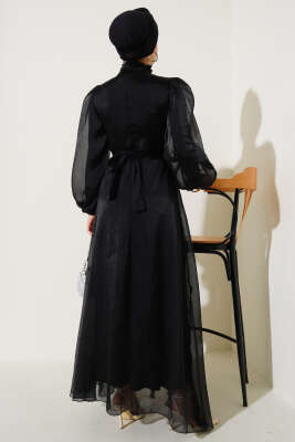 Balon Kol Parlak Abiye Elbise Siyah - Tesettür Elbise