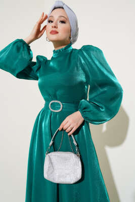 Balon Kol Parlak Abiye Elbise Yeşil - Tesettür Elbise