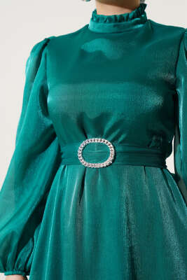 Balon Kol Parlak Abiye Elbise Yeşil - Tesettür Elbise