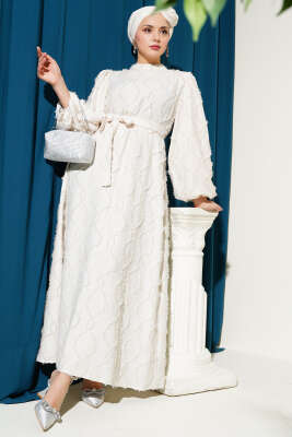Balon Kol Parlak Sakallı Elbise Ekru - Tesettür Elbise