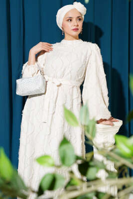 Balon Kol Parlak Sakallı Elbise Ekru - Tesettür Elbise