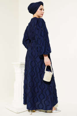 Balon Kol Parlak Sakallı Elbise Lacivert - Tesettür Elbise
