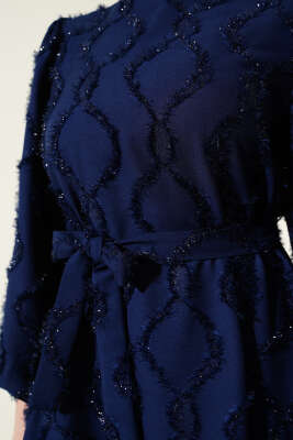 Balon Kol Parlak Sakallı Elbise Lacivert - Tesettür Elbise