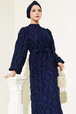 Balon Kol Parlak Sakallı Elbise Lacivert - Tesettür Elbise