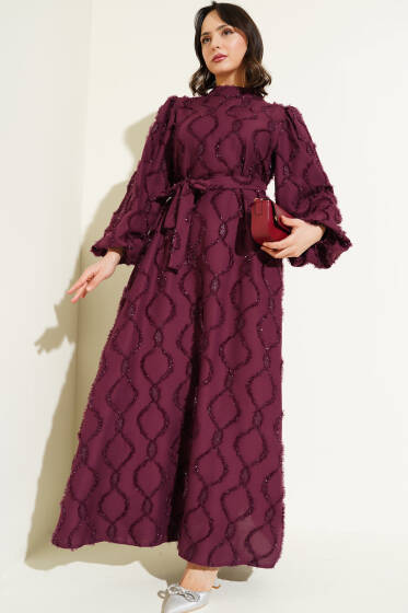 Balon Kol Parlak Sakallı Elbise Mor - Tesettür Elbise