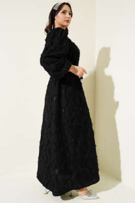 Balon Kol Parlak Sakallı Elbise Siyah - Tesettür Elbise