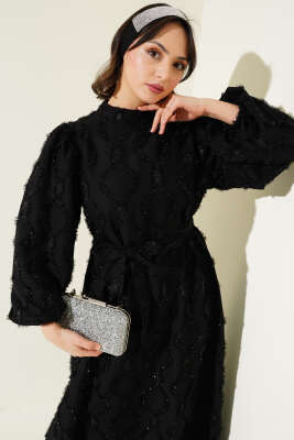 Balon Kol Parlak Sakallı Elbise Siyah - Tesettür Elbise