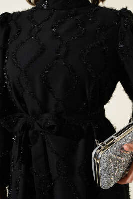 Balon Kol Parlak Sakallı Elbise Siyah - Tesettür Elbise