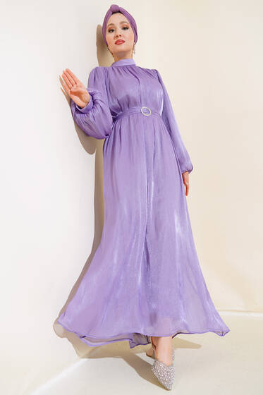 Balon Kol Parlak Şifon Elbise Lila - Elbise