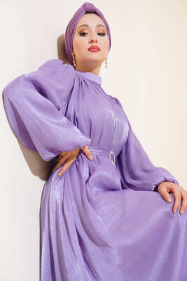 Balon Kol Parlak Şifon Elbise Lila - Tesettür Elbise
