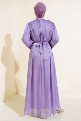 Balon Kol Parlak Şifon Elbise Lila - Tesettür Elbise