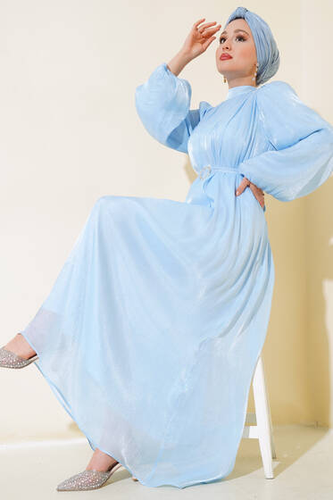 Balon Kol Parlak Şifon Elbise Mavi - Elbise