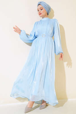 Balon Kol Parlak Şifon Elbise Mavi - Tesettür Elbise