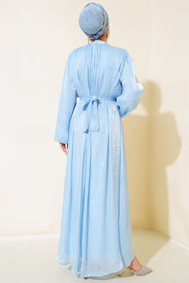 Balon Kol Parlak Şifon Elbise Mavi - Tesettür Elbise