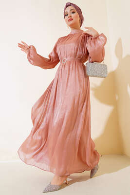 Balon Kol Parlak Şifon Elbise Pudra - MİSS İNDİGO