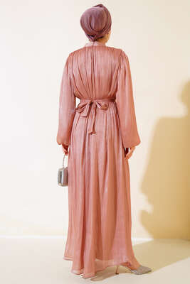 Balon Kol Parlak Şifon Elbise Pudra - Tesettür Elbise