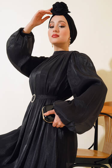 Balon Kol Parlak Şifon Elbise Siyah - Elbise