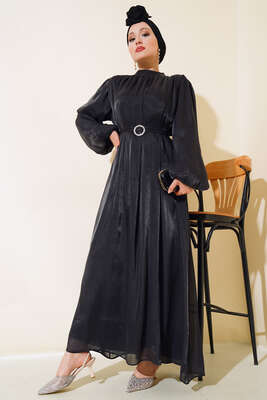 Balon Kol Parlak Şifon Elbise Siyah - Tesettür Elbise