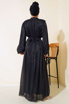 Balon Kol Parlak Şifon Elbise Siyah - Tesettür Elbise