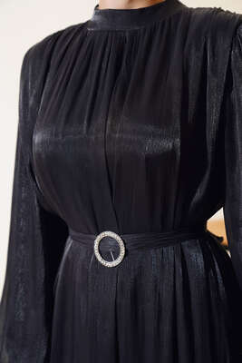 Balon Kol Parlak Şifon Elbise Siyah - Tesettür Elbise