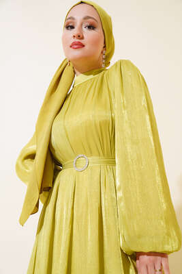 Balon Kol Parlak Şifon Elbise Yağ Yeşili - Tesettür Elbise