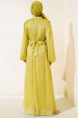 Balon Kol Parlak Şifon Elbise Yağ Yeşili - Tesettür Elbise