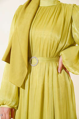 Balon Kol Parlak Şifon Elbise Yağ Yeşili - Tesettür Elbise