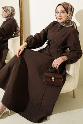 Balon Kol Pensli İp Kuşaklı Elbise Acı Kahve - FİXAY