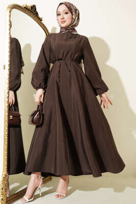 Balon Kol Pensli İp Kuşaklı Elbise Acı Kahve - FİXAY