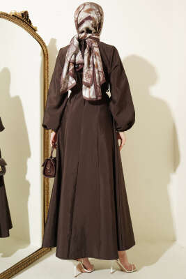 Balon Kol Pensli İp Kuşaklı Elbise Acı Kahve - Elbise