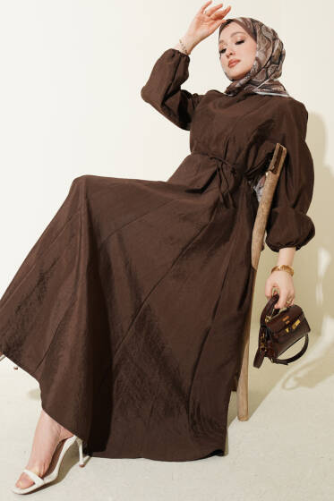 Balon Kol Pensli İp Kuşaklı Elbise Kahve - Elbise