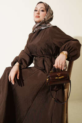 Balon Kol Pensli İp Kuşaklı Elbise Kahve - Elbise