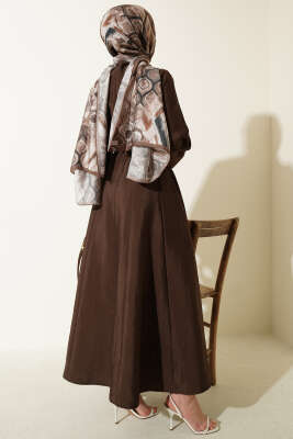 Balon Kol Pensli İp Kuşaklı Elbise Kahve - Elbise