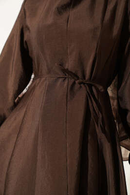 Balon Kol Pensli İp Kuşaklı Elbise Kahve - Elbise