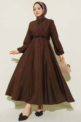Balon Kol Pensli İp Kuşaklı Elbise Kahve - FİXAY