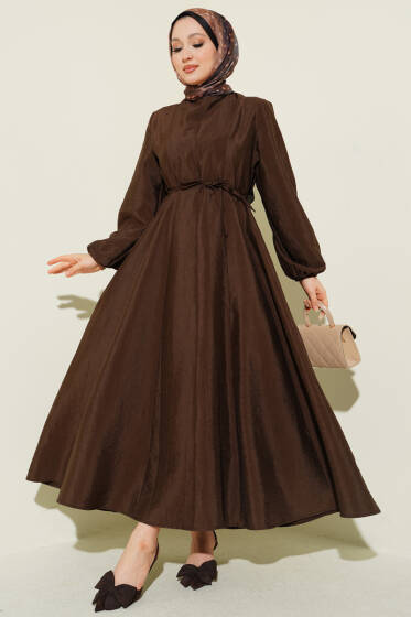 Balon Kol Pensli İp Kuşaklı Elbise Kahve - Elbise