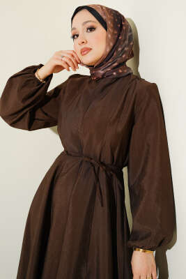 Balon Kol Pensli İp Kuşaklı Elbise Kahve - Elbise