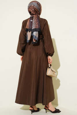 Balon Kol Pensli İp Kuşaklı Elbise Kahve - Elbise