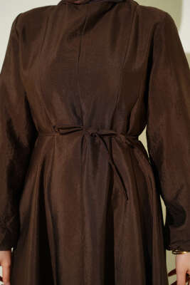 Balon Kol Pensli İp Kuşaklı Elbise Kahve - Elbise