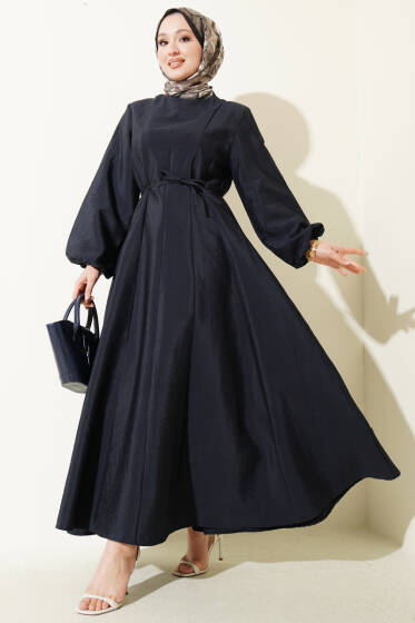 Balon Kol Pensli İp Kuşaklı Elbise Lacivert - Elbise