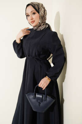 Balon Kol Pensli İp Kuşaklı Elbise Lacivert - Elbise