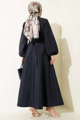 Balon Kol Pensli İp Kuşaklı Elbise Lacivert - Elbise