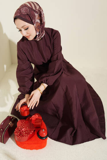 Balon Kol Pensli İp Kuşaklı Elbise Mürdüm - Elbise