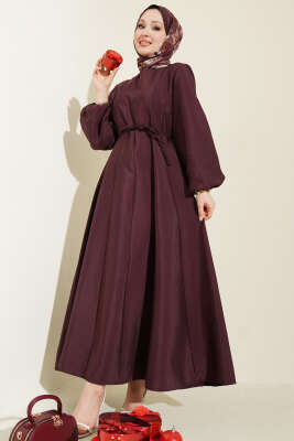 Balon Kol Pensli İp Kuşaklı Elbise Mürdüm - Elbise