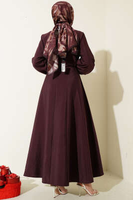 Balon Kol Pensli İp Kuşaklı Elbise Mürdüm - Elbise