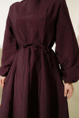 Balon Kol Pensli İp Kuşaklı Elbise Mürdüm - Elbise