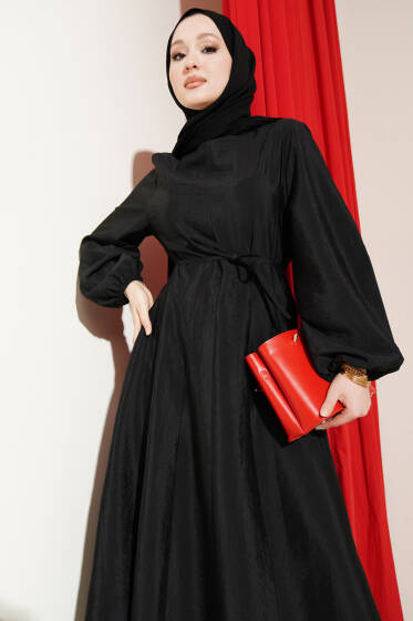 Balon Kol Pensli İp Kuşaklı Elbise Siyah - Elbise