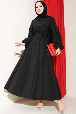 Balon Kol Pensli İp Kuşaklı Elbise Siyah - Elbise