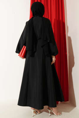 Balon Kol Pensli İp Kuşaklı Elbise Siyah - Elbise