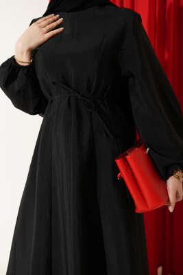 Balon Kol Pensli İp Kuşaklı Elbise Siyah - Elbise